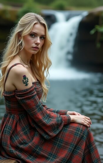 cardo su ragazza scozzese bionda seduta vicino ad una cascata